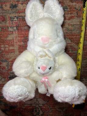 Vintage Goffa 14" White Plush Bunny Holding Baby Rabbit Mother & Child Easter Pl
